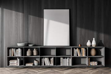 Empty canvas standing on grey wall mounted sideboard in living room