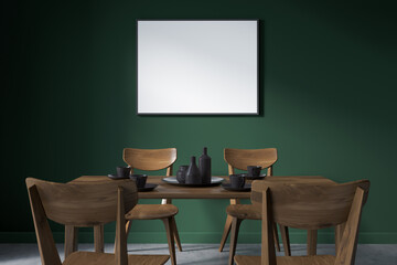 Green dining room interior with furniture, mockup poster