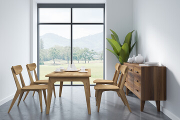 White dining room interior with furniture and window, mockup