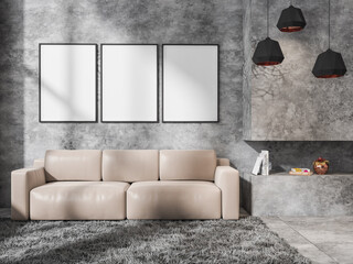 Grey living room interior with sofa and gallery mockup posters