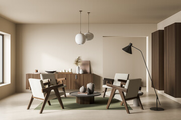 Beige living room with four easy armchairs. Seating idea.