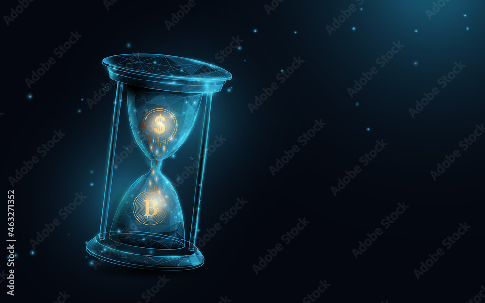 Poster Dollar and cryptocurrency exchange. Hourglass. Low polygon line, triangles, and particle style design. Abstract geometric wireframe light connection structure. Vector illustration