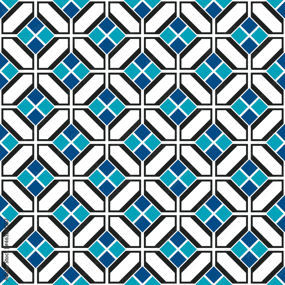 Poster Blue tiles in a diagonal arrangement with a white background. Vector and seamless pattern.