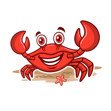 Cartoon mascot red crab on the beach. Vector illustration
