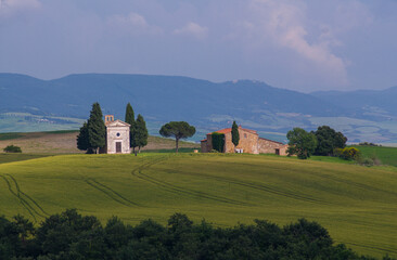  ORCIA VALLEY-MAY 30:The Vitaleta chapel, in the beautiful Orcia valley,Tuscany,Italy,on May 30,2018.