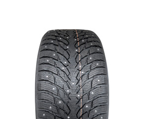 Winter studded tire. Winter car tires isolated on white background. Tire stack background. Tyre...