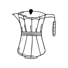 Hand drawn coffee pot, kitchen utensils isolated on a white background. Doodle, simple outline illustration. It can be used for decoration of textile, paper and other surfaces.