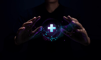World Medical Innovation Technology Concepts.Hospital and Health Care Virtual Network. Person Levitating a Digital and Futuristic Graphic by Hands