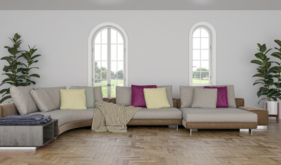 Illustration 3D rendering large luxury modern bright interiors Living room mockup computer digitally generated image