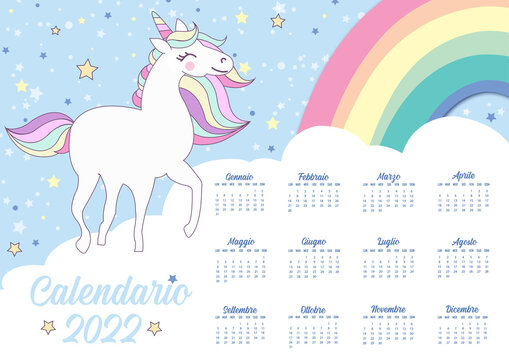 Calendario italiano 2022 con unicorno e arcobaleno 