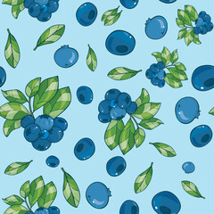 Vector seamless pattern with blueberries on a blue background.