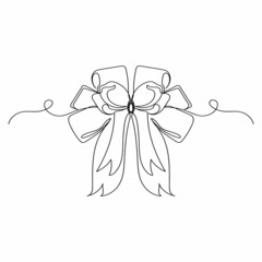 Continuous one single line drawing of gift wrap ribbon bow in silhouette on a white background. Linear stylized.