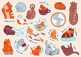 Large set of cute cartoon cat stickers showing assorted activities and poses, flat cartoon vector illustration