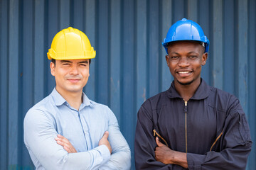 Caucasian supervisor and African men worker standing with arm crossed while inspect the condition of all containers shipment, People and worker in freight deliver, import and export teamwork