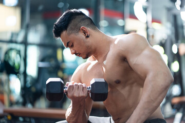 Handsome shirtless adult Asian men sweating while lift up the dumbbell workout for arm biceps muscle part inside of fitness gym. Bodybuilding athlete sport training for body strength and good health.