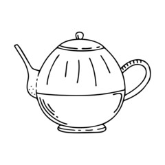 Hand drawn teapot, kitchen utensils isolated on a white background. Doodle, simple outline illustration. It can be used for decoration of textile, paper and other surfaces.