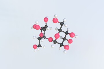 Maltose molecule made with balls, isolated molecular model. 3D rendering