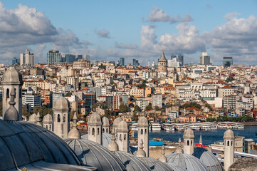 View from Suleymaniye Mosque to Galata district and Galata Tower. Cityscape with Galata Tower. Galata tower old, historical part of Istanbul in Beyoglu district