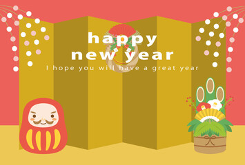 縁起物　だるまと門松の年賀状テンプレート