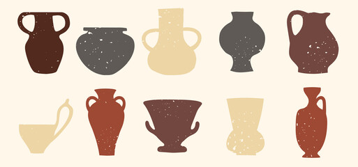 Ceramic vases of various shapes. Antique ceramics with a stamp texture.