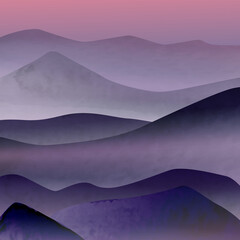 Art illustration with peaks of mountains in the fog at sunrise. Image for interior decoration, poster, social networks
