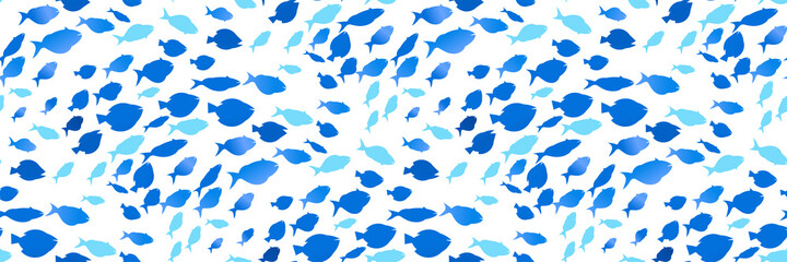 Seamless fish shoal pattern. Silhouettes of a flock of swimming fish isolated on a white background. Marine (oceanic) telematics school of fish. Vector print for wrapping web design, banners, posters - 463275384