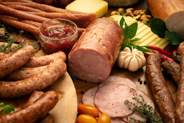 european buffet table of cold cuts sausage and ham selection