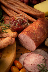 european buffet table of cold cuts sausage and ham selection