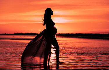 Shot of a pregnant woman silhouette posing at the sea with sunset on the sea at golden hour