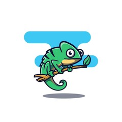 Cute chameleon mascot on a wooden branch vector illustration. Animals with flat design style. Suitable for stickers, logos, illustrations, web banners and more.