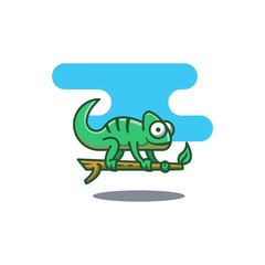 Chameleon mascot on a wooden branch vector illustration. Animals with flat design style. Suitable for stickers, logos, illustrations, web banners and more.