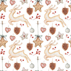 Christmas bow Christmas tree toys new year holidays. Hand drawn watercolor illustration. Patern seamless set garland
