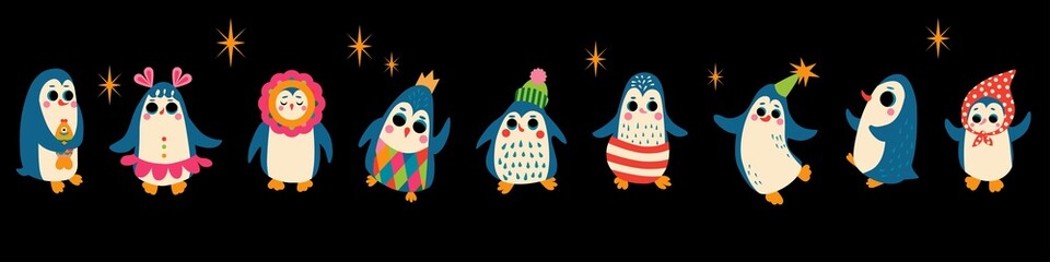 Set of cute cartoons penguins. Vector hand drawn illustration 