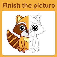 Connect the dot and complete the picture. Simple coloring raccoon. Drawing game for children