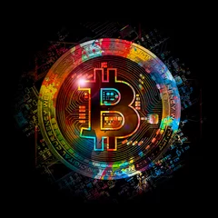 Foto auf Leinwand colorful bitcoin with bright paint splatters on white background, cryptocurrency concept  © reznik_val