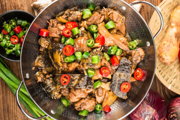 Delicious Chinese cuisine, soft shelled turtle stewed with chicken pot