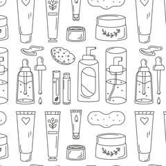 seamless pattern outline with hand drawn doodle elements of facial skin care products including serum, lip balm, moisturizing hand cream, face cream, eye cream, nose strip, cleanser, sponge