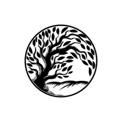 Modern, minimalist, black and white tree vector art illustration