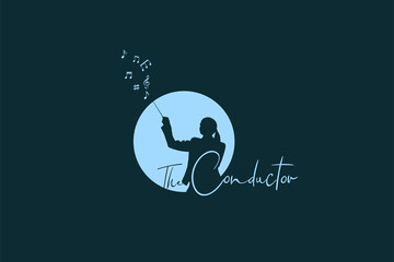 Conductor with a conductor's baton, woman silhouette isolated circle with baton