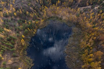 Aerial view of small lakes surrounded by autumn forest.