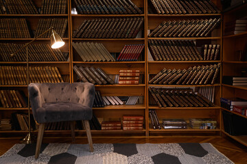 Cozy home library interior with comfortable armchair and collection of vintage books on shelves