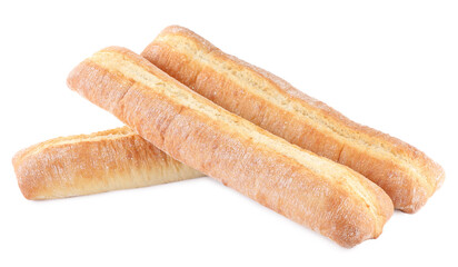 Tasty baguettes on white background. Fresh bread