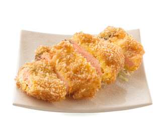 Japanese food, Tonkatsu salmon fish deep fried with bread crumbs cutlet on white background.