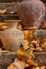 Naklejka premium terracotta pots and autumn leaves