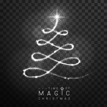 Magic silver Christmas tree silhouette. Magic wand with silver glowing shiny trail.  Isolated on black transparent background. Vector illustration