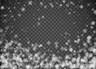 Snowfall. Christmas snow. Falling snowflakes on dark transparent background. Xmas holiday background. Design decoration element. Vector