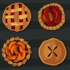 Apple pie, pecan pie, pumpkin pie for Thanksgiving, Thanksgiving food, vector illustration of food, traditional Thanksgiving dishes. Menu items. Sugar. Delicious pastries with filling. Handmade work.