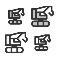 Pixel-perfect  linear  icon of   tractor crane built on two base grids of 32 x 32 and 24 x 24 pixels. The initial base line weight is 2 pixels. In two-color and one-color versions. Editable strokes