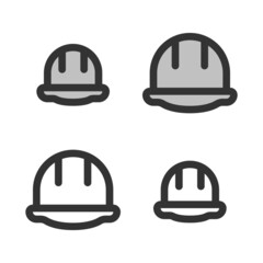 Pixel-perfect linear icon of construction safety helmet built on two base grids of 32x32 and 24x24 pixels. The original line weight is 2 pixels. In two-color and one-color versions. Editable strokes