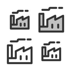 Pixel-perfect  linear  icon of plant or factory  built on two base grids of 32 x 32 and 24 x 24 pixels. The initial base line weight is 2 pixels. In two-color and one-color versions. Editable strokes